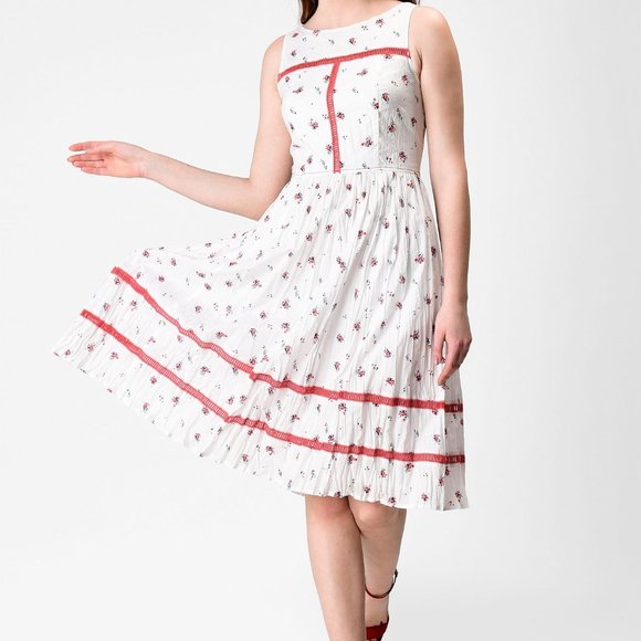 eShakti Floral Print Cotton Lattice Trim Dress - Picture 2 of 10